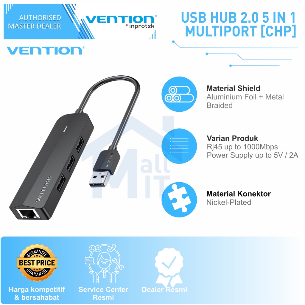 ( Bisa Cod ) Vention Hub USB A 2.0 3.0 3 PORT Lan Ethernet Adaptor w/ Power CHN CHP