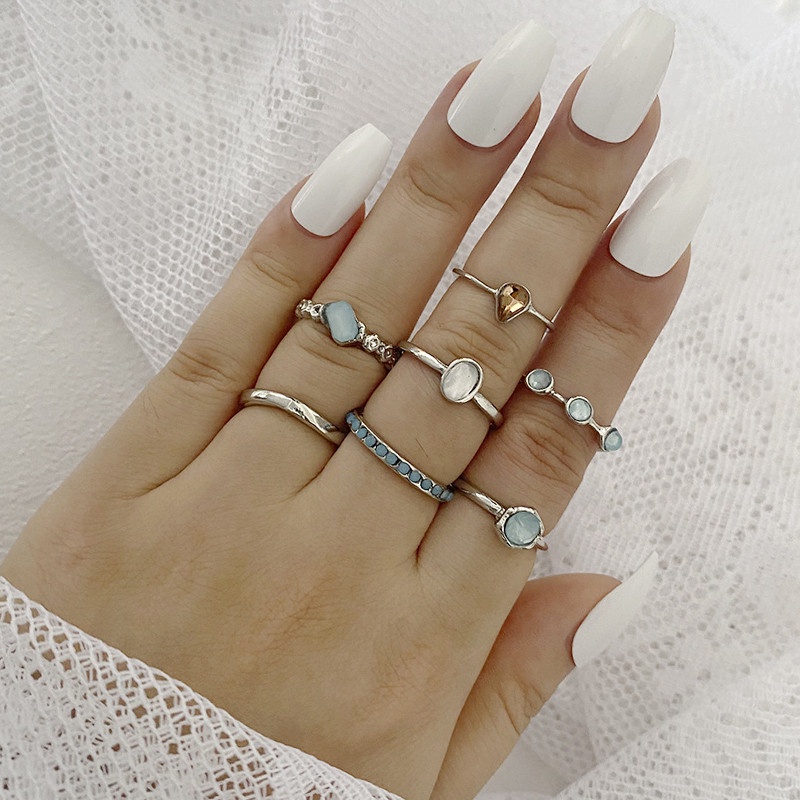 7pcs / Set Cincin Desain Water Drops Aksen Berlian Imitasi Untuk Wanita