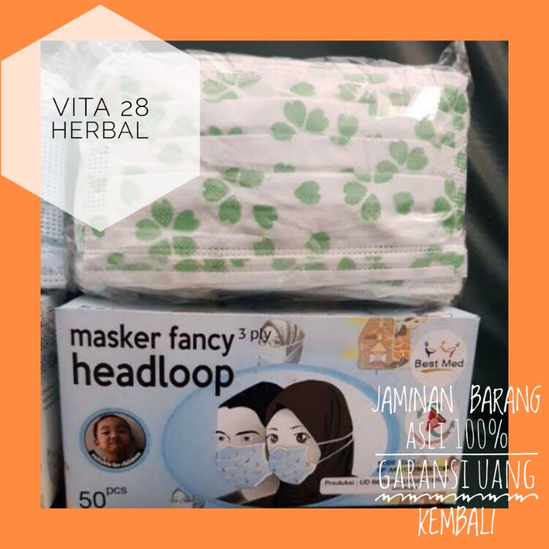 Masker headloop hijab bestmed 3 ply warna hijau motif daun non sensi
