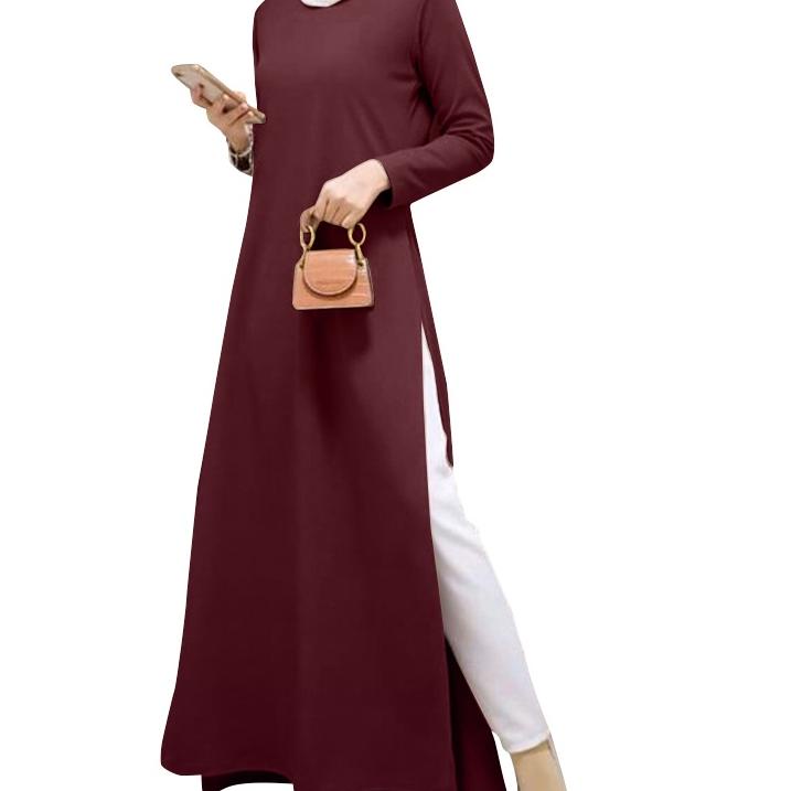 Produk Unggul... ZANZEA Women Casual Solid Long Sleeve Slit Side Hem Muslim Long Dress