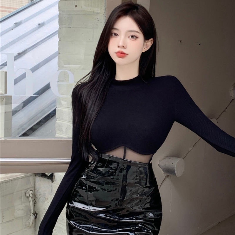 kaos wanita korean style bodysuit sexy stitching knitted sweater mesh bottoming top t-shirt women