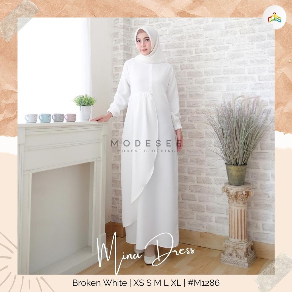 Modesee Gamis Putih Hitam Polos Basic Layer Busui Wanita Muslim Mina Dress, Gamis S M L XL XXL, Gamis Jumbo 2XL 3XL 4XL 5XL
