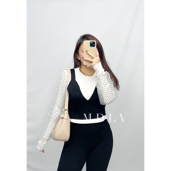 MDLV ~ F111# Tinydot Knitted 2pcs Set Atasan Blouse Vest Rajut Korea Import