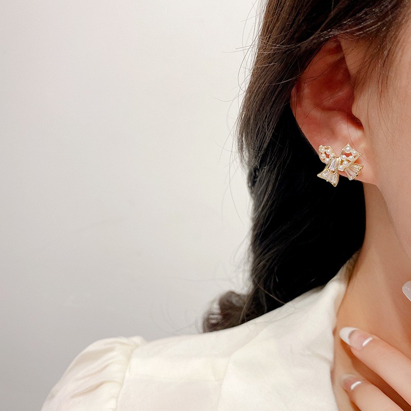 Shuling Ins Bow Earrings Fashion Wanita Zirkon Anting Mutiara S925 Perhiasan Perak