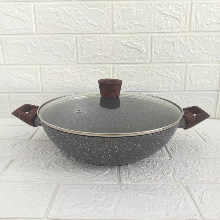 Cypruz Wajan Kuali Wok Induksi Listrik Tutup Kaca Ceramic Marble 28 cm