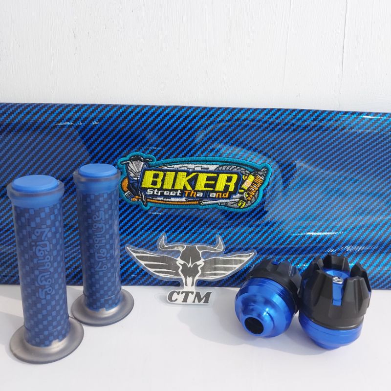 [PAKET BIRU] Sarung Kulit Jok Biker Karbon / Grip Karbon / Jalu As Roda Depan - BLUE