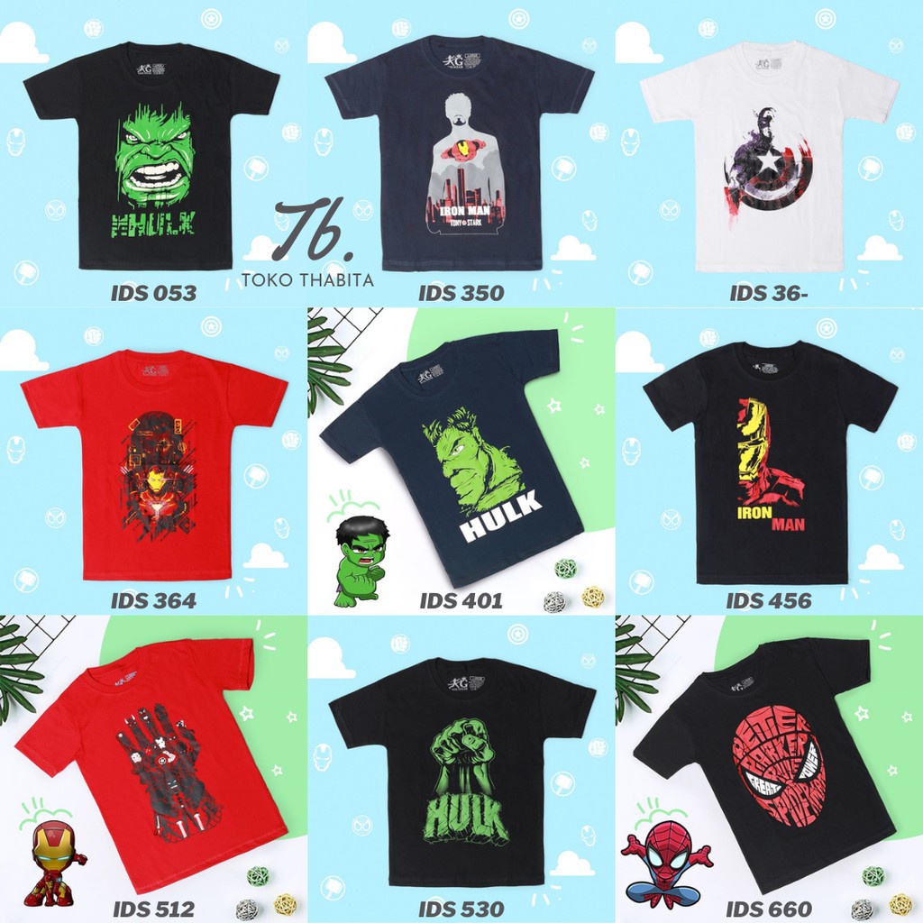 Kaos Anak Laki Karakter Superhero Cowok Hulk Ironman Spiderman Captain America Katun Combed