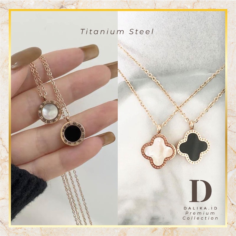 Kalung Titanium Anti Karat Wanita Liontin Bulat Hitam Clover Fashion Korea Dalika