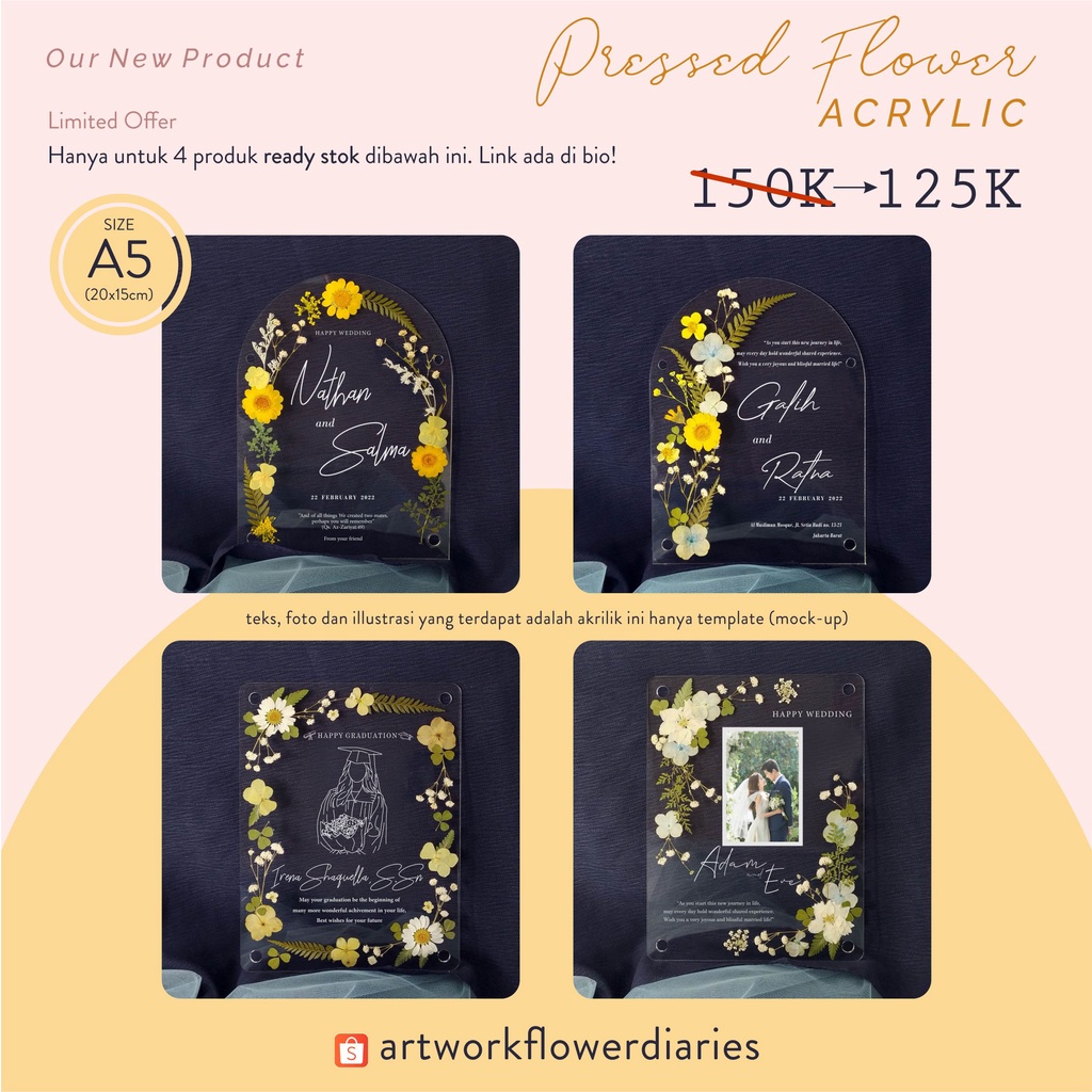 Pressed Flower Acrylic (A5) | Kado Graduation | Kado Wedding | Mahar Murah