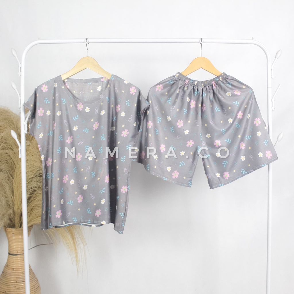 Setelan Baju Tidur Celana Pendek Piyama Wanita Motif Bunga Raster Rayon Premium