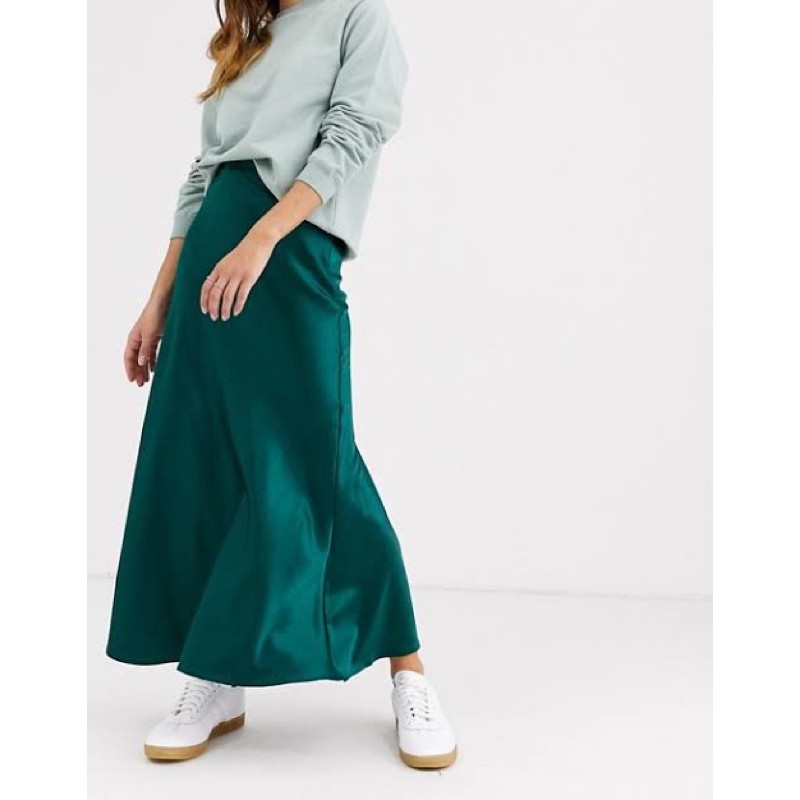 Monki Long Satin Emerald Skirt