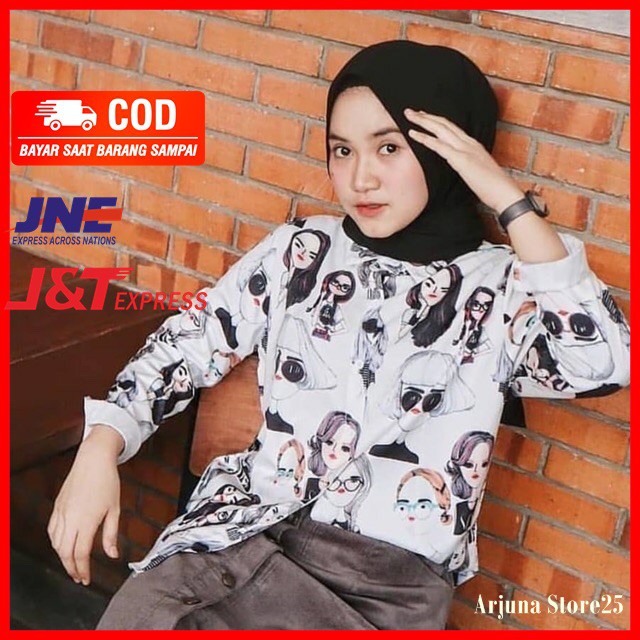 Kemeja Retro Lengan  Panjang  Motif Kartun Lucu Baju  Atasan  