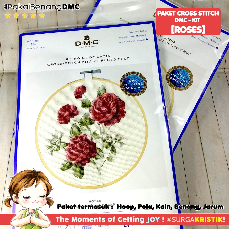 Paket DIY Craft Sulam Kristik Strimin DMC BK1935 - Roses Bunga Mawar