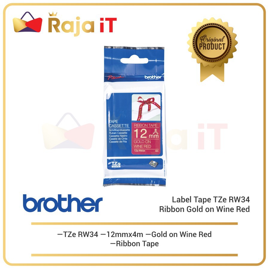 

BROTHER Label Tape Tze RW34 Ribbon Gold on Wine Red Tape 12mm x 4m