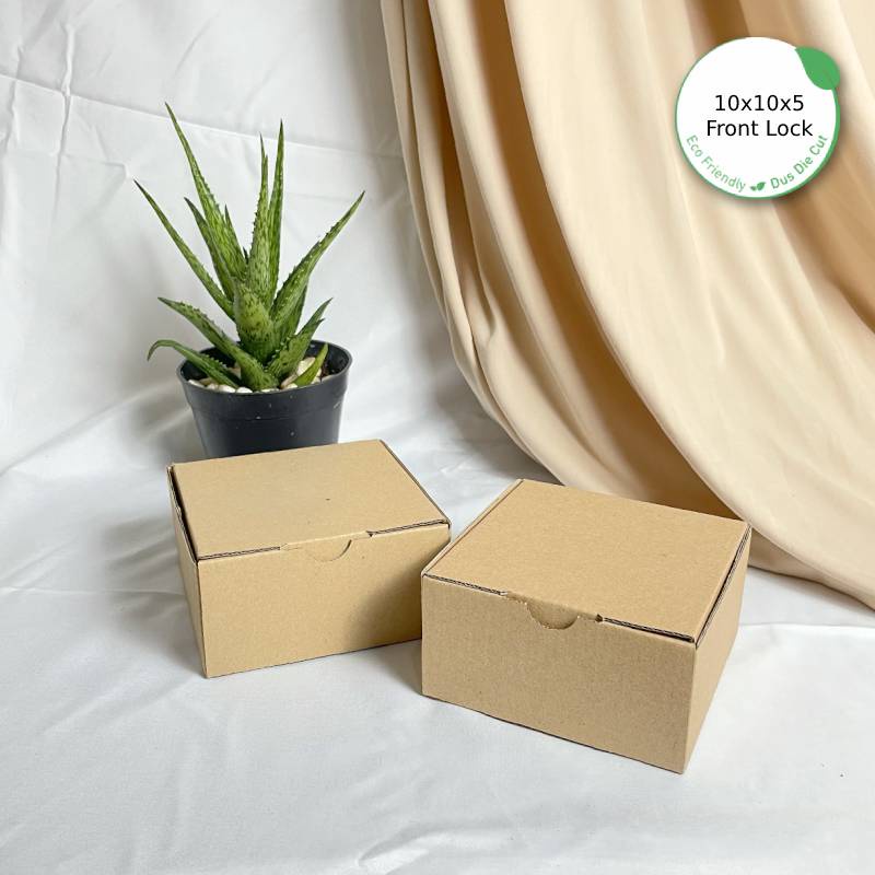 

Dus Packing 10x10x5 Die Cut Front Lock - Karton Box Kardus Eco-Friendly Kue Piza Mini Kecil
