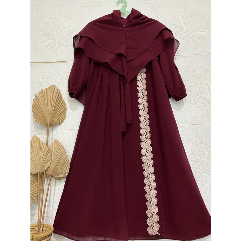 Gamis Anak Variasi Renda Bunga / Gamis Anak Syari Ceruty Babydoll Utk Usia 8-9 Tahun