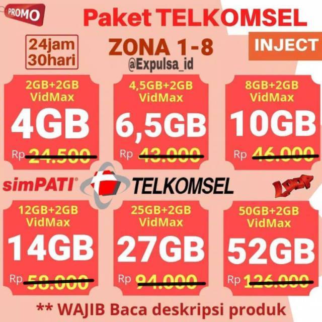 PAKET KUOTA TELKOMSEL BULK ZONA 1-8 4GB,/6,5GB/10GB/14GB/27GB/52GB9 ...