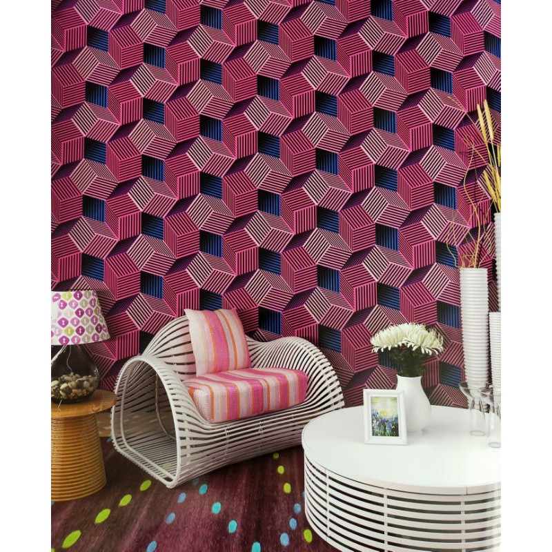 wallpaper dinding 3d geometric pink biru kuning