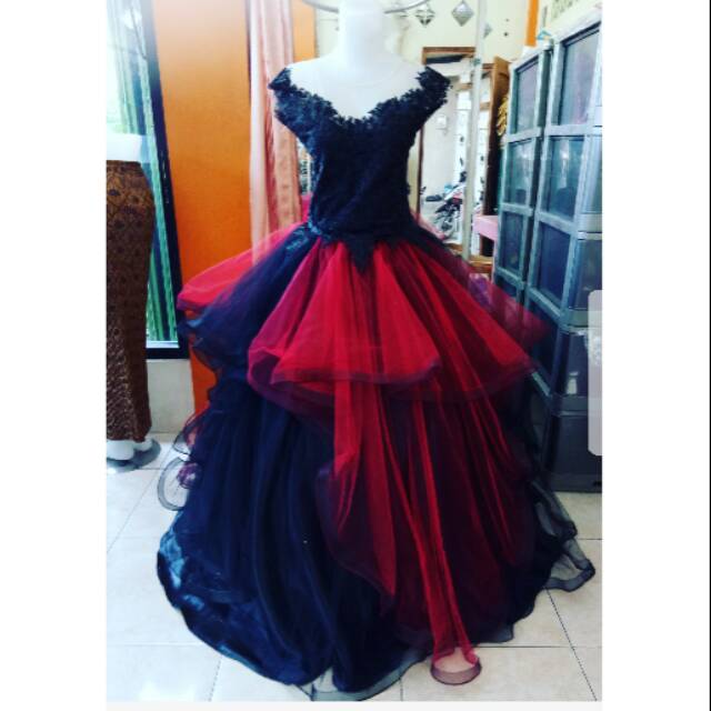 Gaun rumbai merah hitam /baju penyanyi/ singer /wedding /pesta/ party