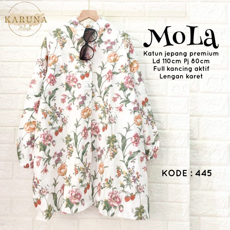 Mola Long Tunik Kemeja Katun Poplin Import Motif Bunga Ld 110 Jumbo Fit XXL Busui Kancing By Karuna 