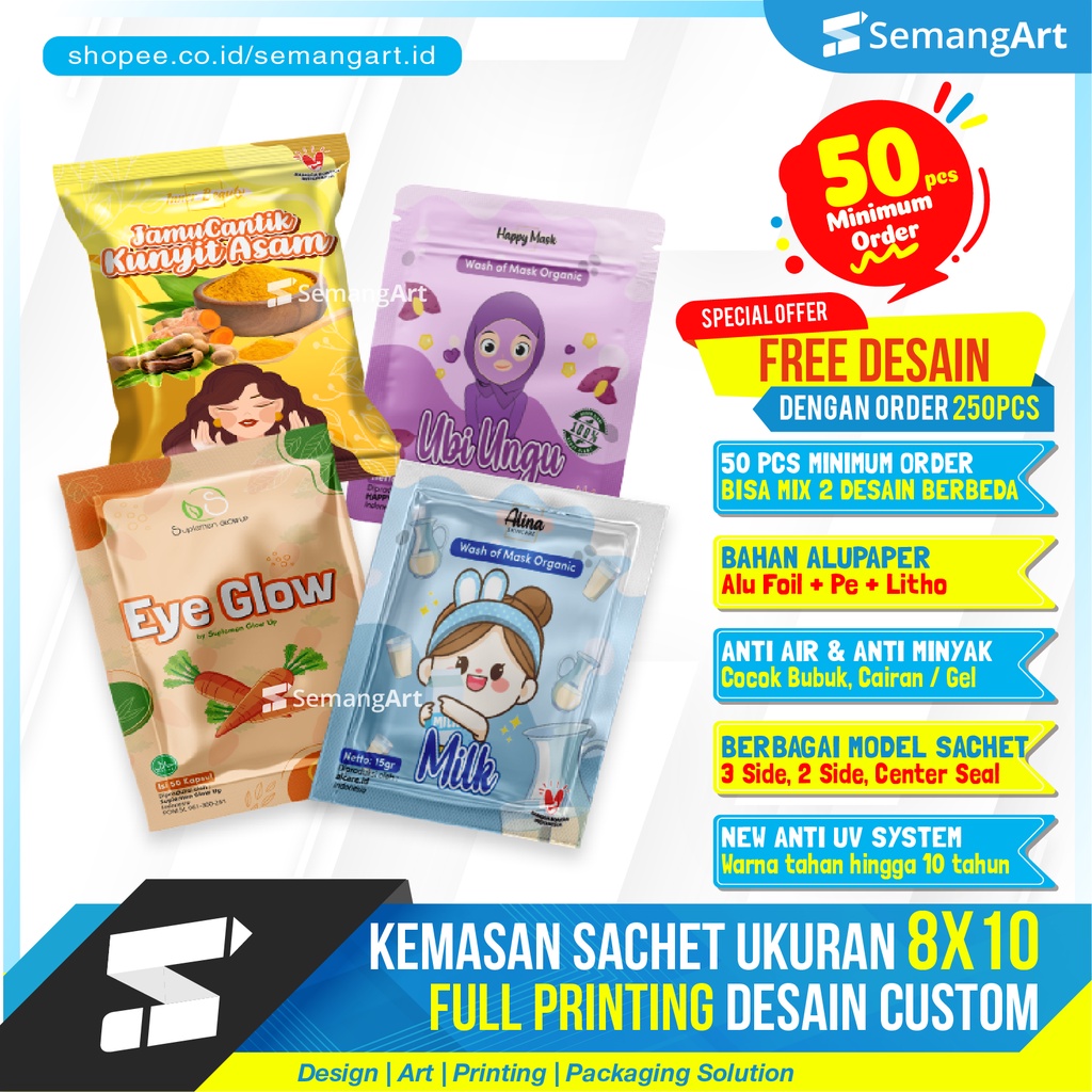 Cetak Kemasan Sachet 8x10 Plastik Klip Ziplock Flat Bottom Full Printing Bungkus Makanan / Masker / 