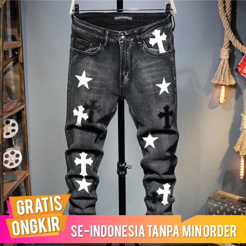 Punk Pria Jeans Borr Denim Cone Pinggang Tengah Kasual 3005