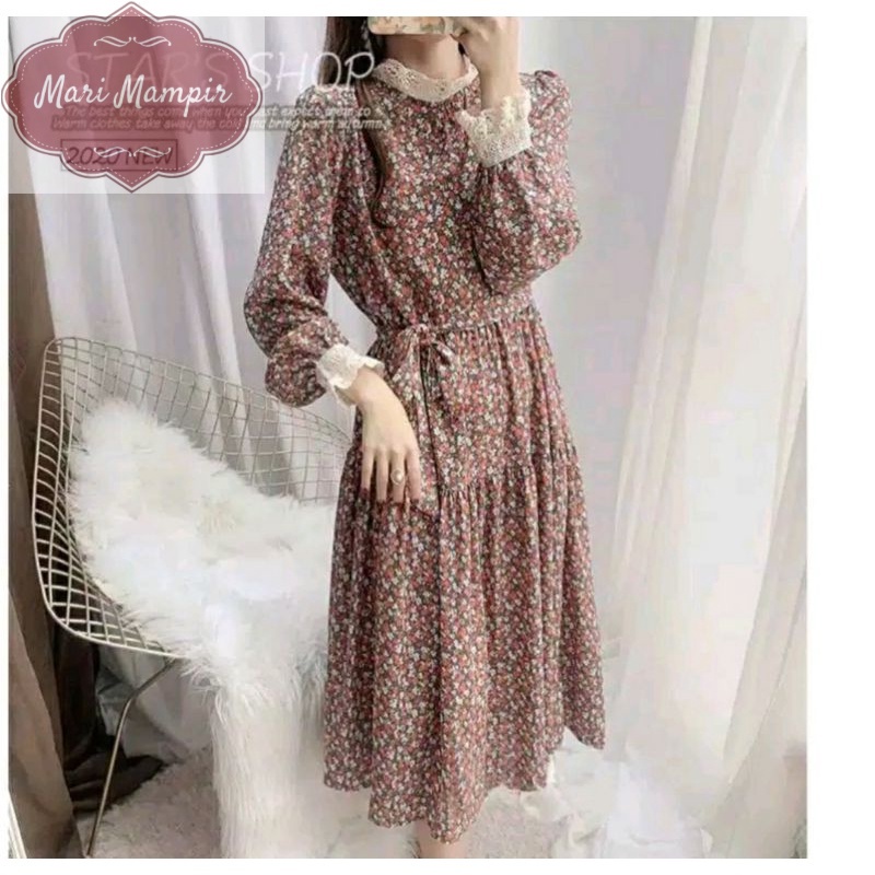 Dress motif bunga lengan panjang import