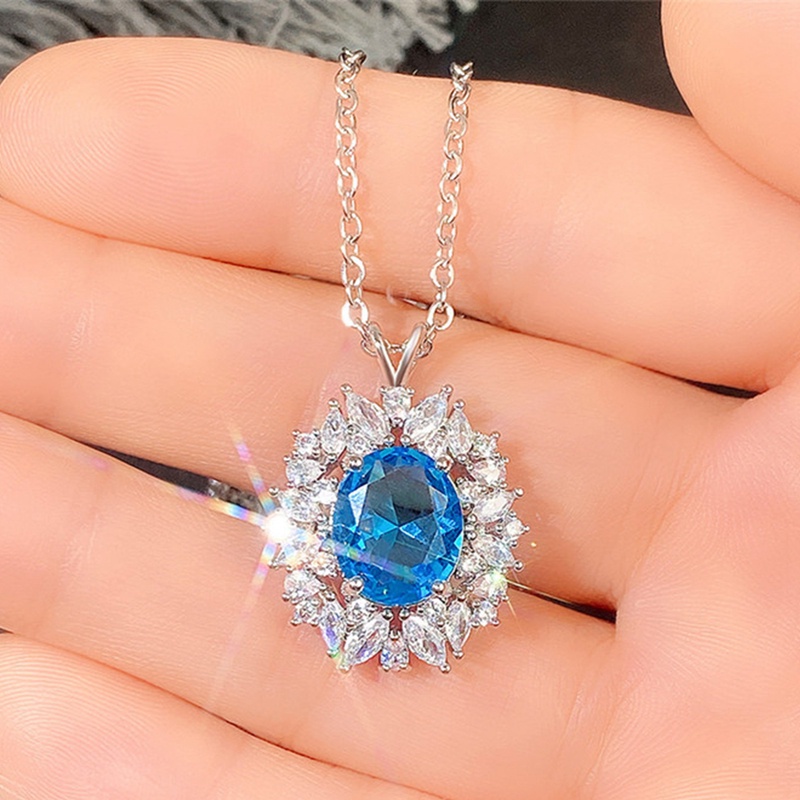 Kalung Liontin Cubic Zirconia Warna Biru Untuk Wanita