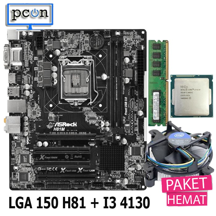 Mainboard LGA 1150 H81 DENGAN PROCESSOR I3 4130 DAN RAM 4GB BONUS FAN