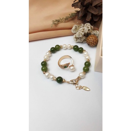 Mutiara Lombok Asli | Set cincin dan gelang mutiara air tawar kombinasi batu alam