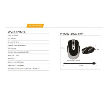 Mouse wireless a4tech 2.4ghz rechargeable optical 2000dpi 20g 500hz for pc laptop X-glide g11-580fx