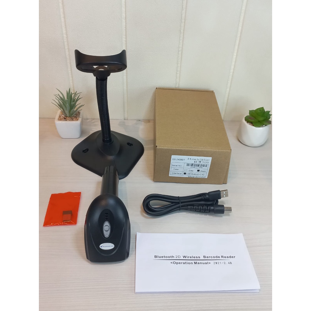 2D Barcode Scanner Bluetooth Wireless Sharkpos QS 2408 USB Bluetooth Plus Stand Scan Barcode Barang QR EFaktur Resi Pengiriman Expedisi Gudang