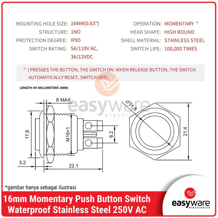 Momentary Switch 16mm Stainless Push Button On Waterproof Stainless