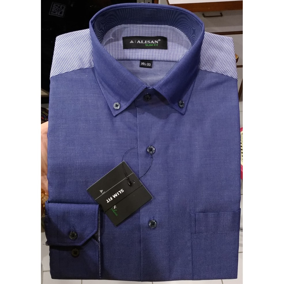 Kemeja Pria Alisan Panjang Slimfit Biru Magenta Semi Jeans Variant