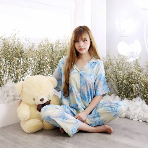 Setelan Piyama Wanita Baju Tidur Cewek Motif Tie Dye One Set Rayon Adem Jumbo XL-XXL Caris CP-BAMBO BIRU