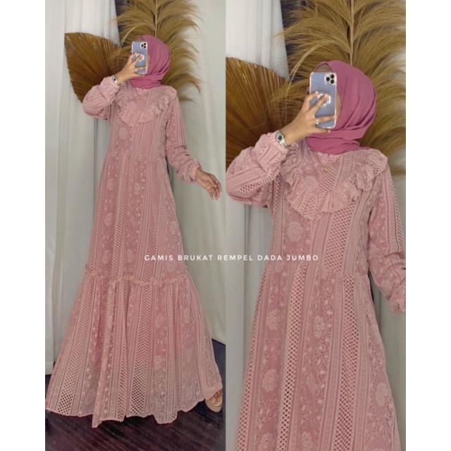 Gamis brukat kain rempel rempel dada (Jumbo)