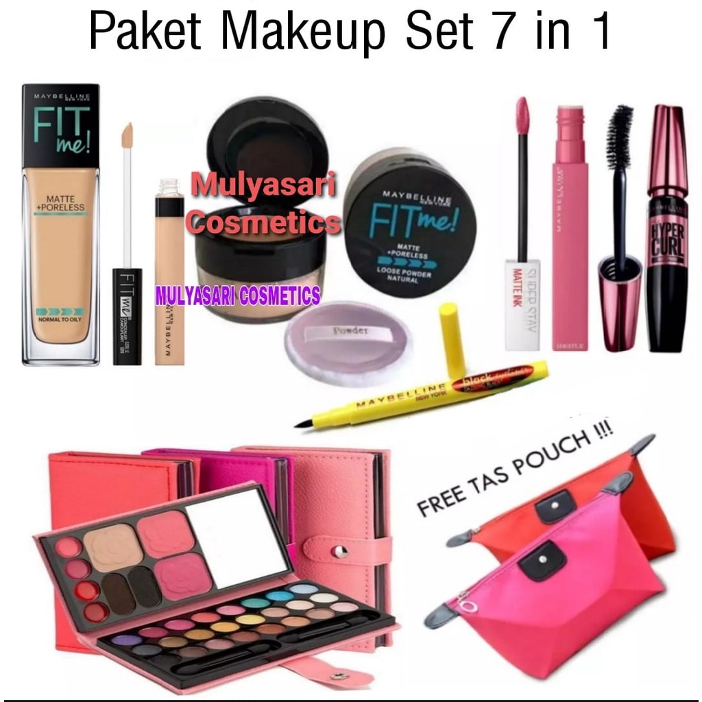 Paket Kosmetik Maybelline Set 7 in 1 - Paket Makeup Wanita Lengkap Super Murah 7 in 1 Free Tas Pouch