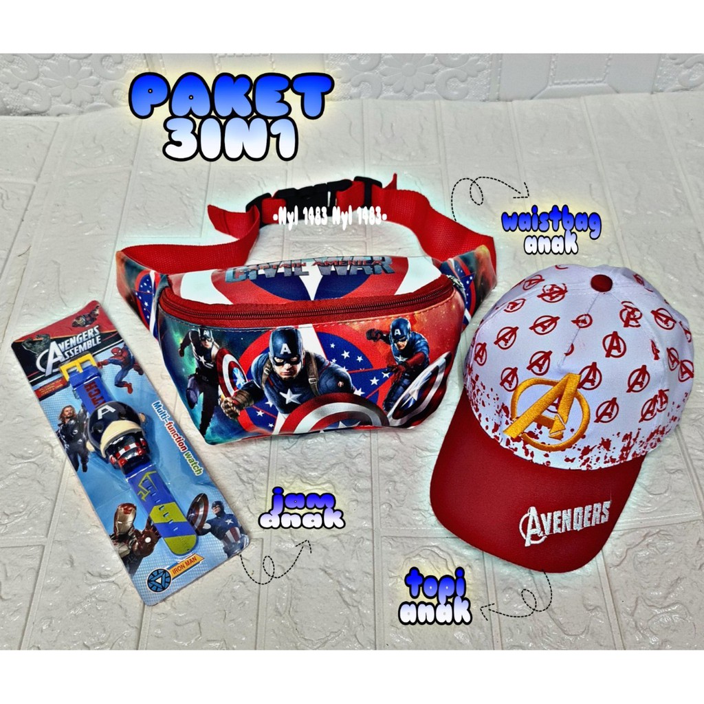 waistbag anak laki laki karakter,3 in1 Waistbag anak/topi anak/jam anak motif captain amerika