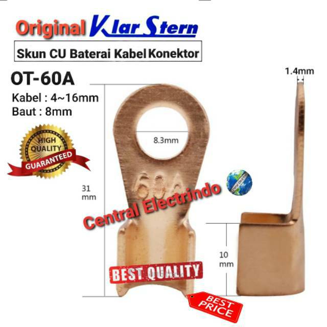 Skun Kabel CU KlarStern OT-60A Kabel 4~16mm Baut 8mm Baterai Kabel Konektor.