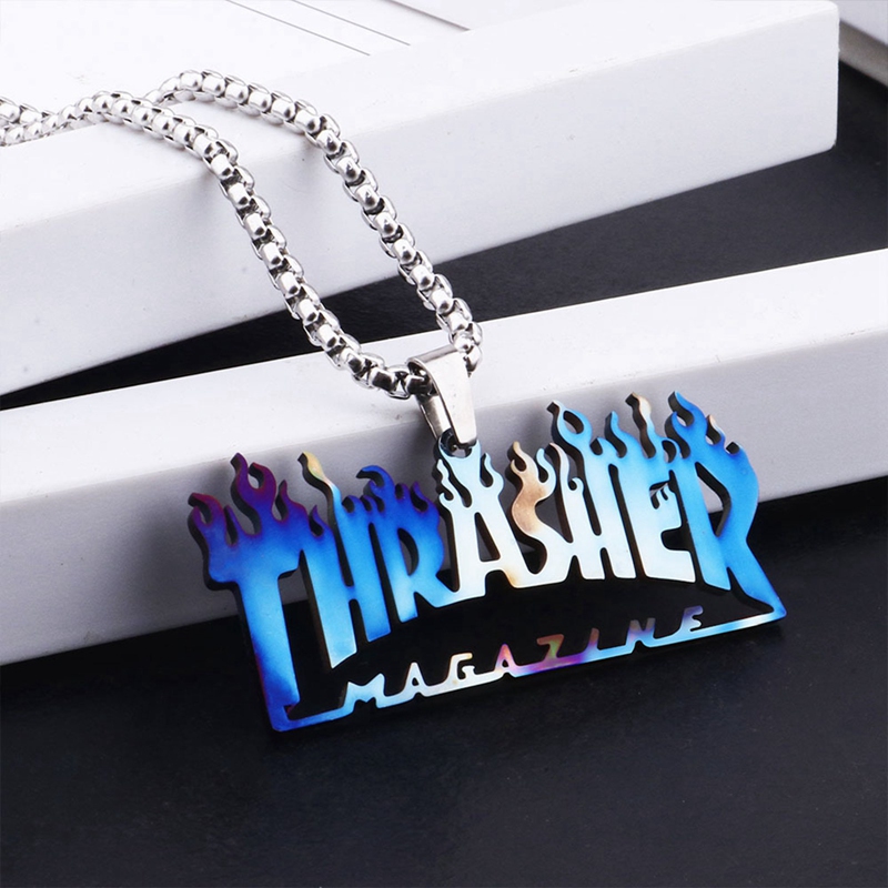 Kalung Dengan Liontin Desain Thrasher Magazine Flame Gaya Hip Hop Untuk Pria