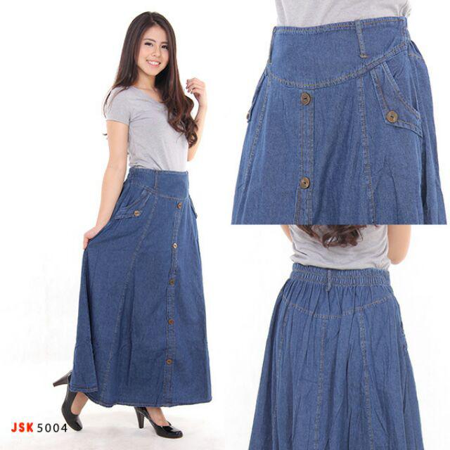 (4 Warna) Rok Panjang Jeans Wanita Model Mekar Rok Muslimah-BIRU JEANS/5004