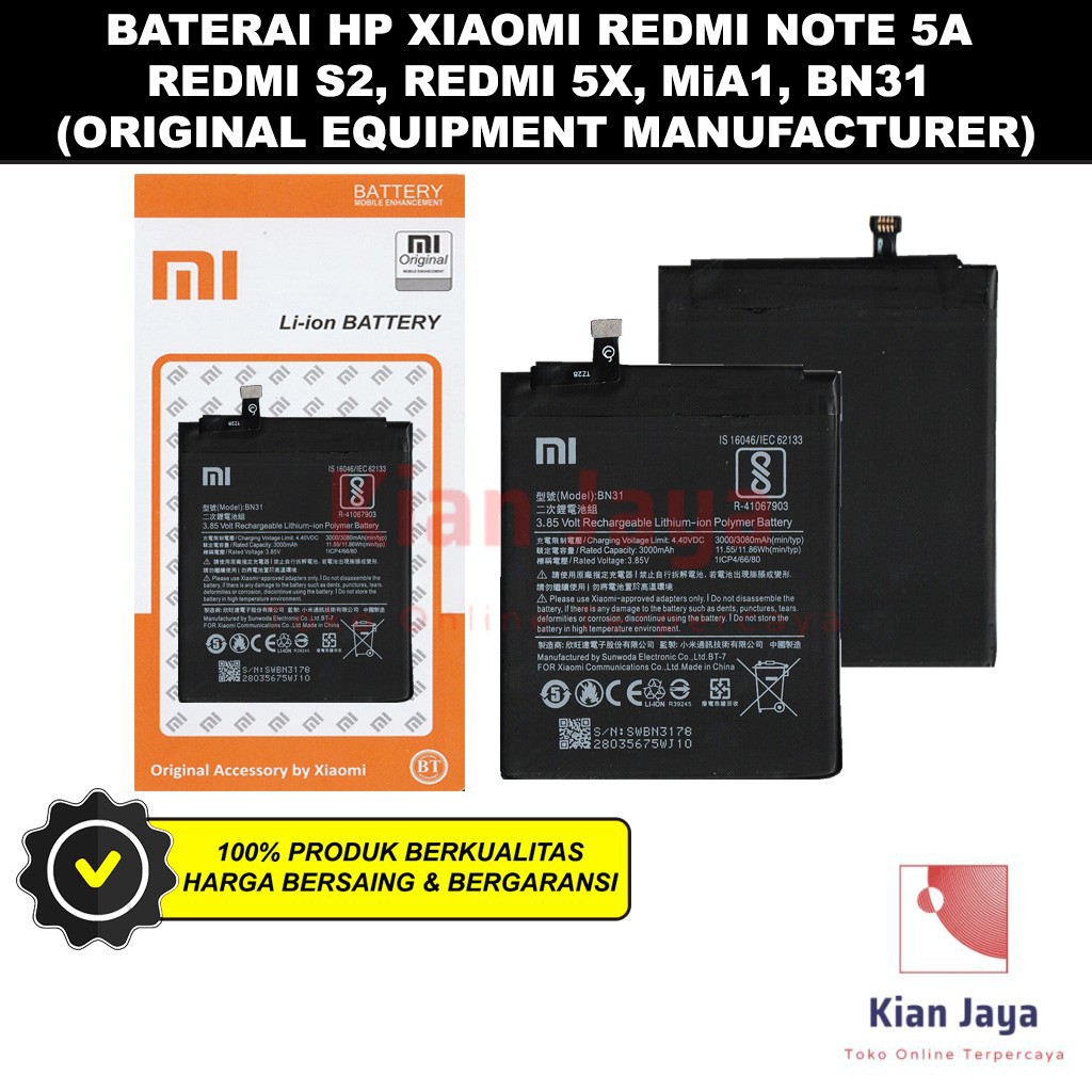 Baterai Redmi Note 5a Redmi 5x MiA1 Redmi S2 BN31 Original OEM Battery Batrai Batre Handphone Hp BN 31 Ori