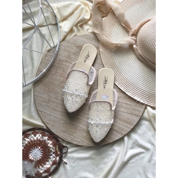 Termurah!!!! Cod sepatu flat brukat payet m payet white series, selop pengantin, sandal pesta, selop brukat, sandal payet