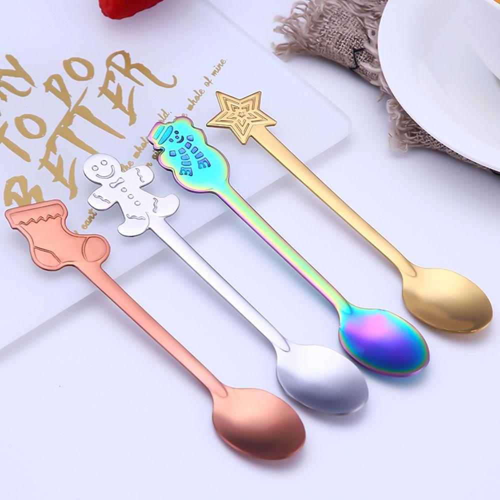 Solighter1/4pcs/set Sendok Kopi Natal Home &amp; Living Ice Cream Stainless Steel Kitchen &amp; Dining Kids Spoon