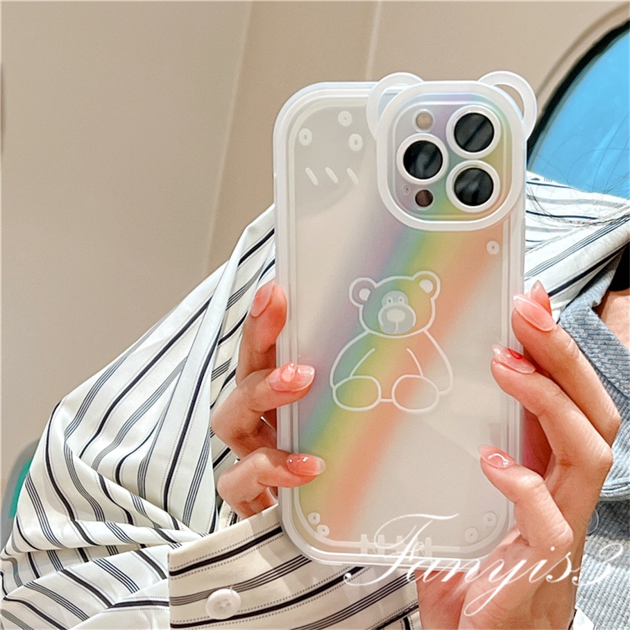Compatible For iPhone 14 13 12 11 Pro Max X XR Xs Max 8 7 6 6s Plus SE 2020 Soft Case Pelindung Desain Telinga Kucing Warna Pelangi Untuk