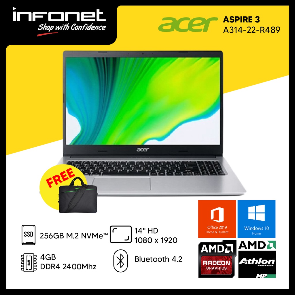 ACER ASPIRE 3 A314-22-R489 ATHLON 3050U 4GB 256GB SSD AMD RADEON GRAPHICS 14" FHD W10 OHS
