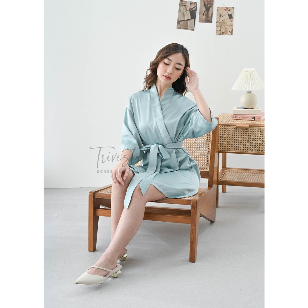 Trivesta Robes - Basic Robe Dusty Green - Kimono Robe Bridesmaid Satin + Free Bordir (Tulisan Bebas Bisa Nama)