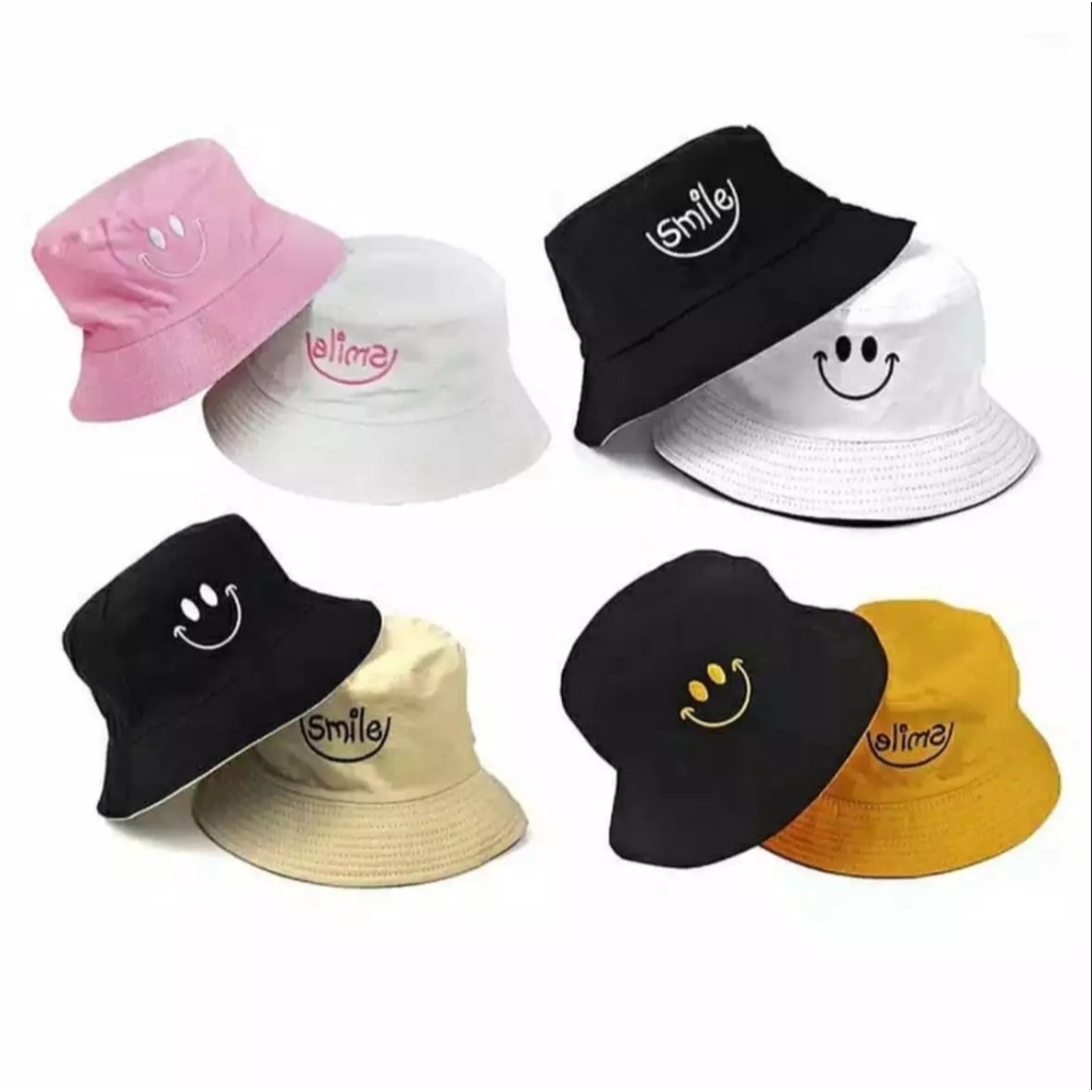 PROMO !!! Topi bucket wanita/ topi bucket hat dewasa / topi pantai wanita korea kekinian/ topi bucket POLOS bordir premium bisa BOLAK BALIK luar dalam/ topi bucket hat SMILE wanita dewasa terbaru