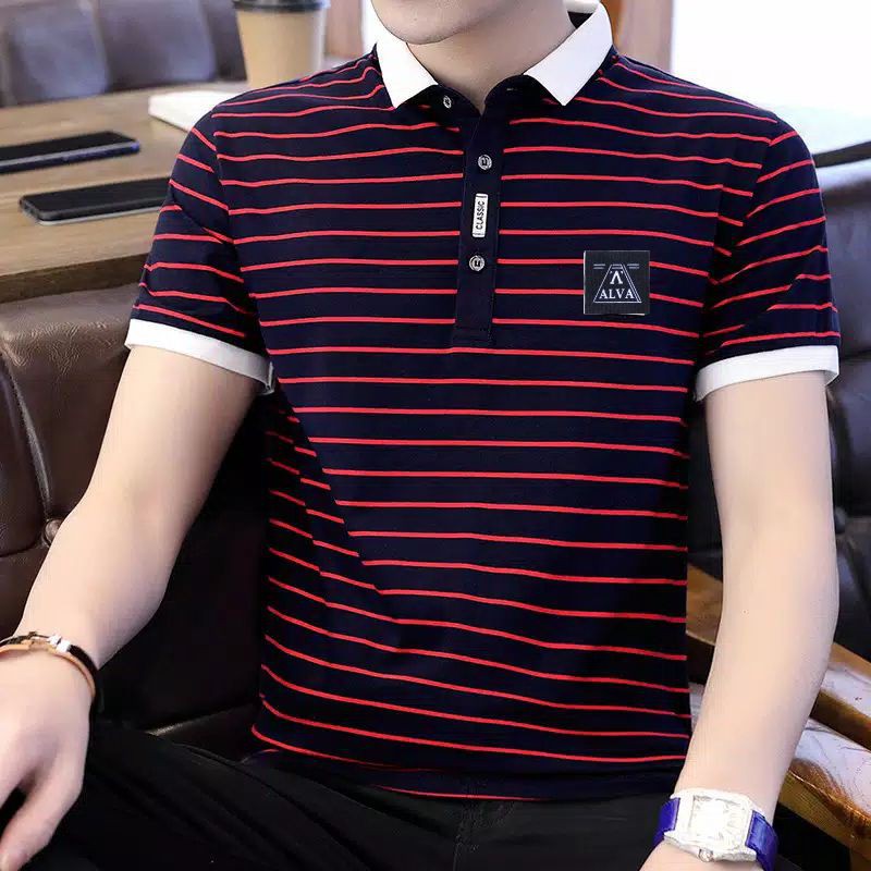 🈴 TERLARISS 🈴 ⚡Kaos Berkerah Pria⚡Distro Kaos Berkerah Motif Garis Casual Formal Bisnis