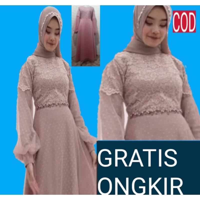 Baju Gamis Brukat Tile Lengan Balon Jumbo Seragam Pesta Kondangan Terbaru 2021